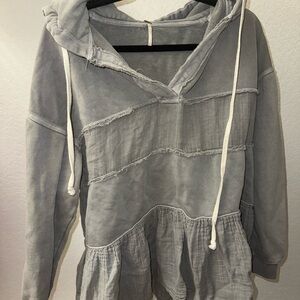 Gray Free People Hooded Pullover with Ruffle Hem
